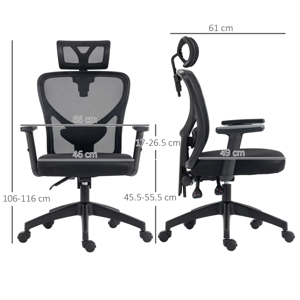 Sedia da Ufficio Ergonomica con Altezza Regolabile Supporto Lombare e Poggiatesta 66x61x106-116 cm  Nero