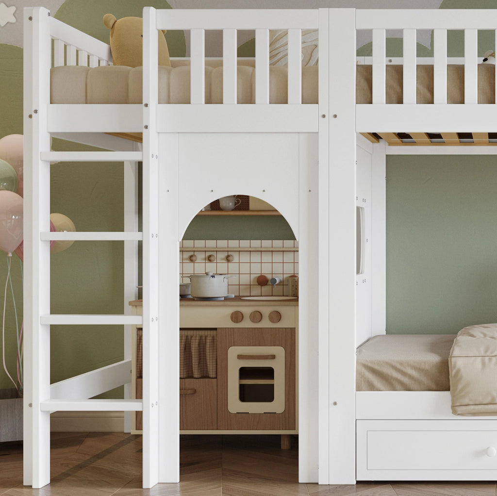 Letto a castello per bambini 90x200 cm con scala a 4 gradini bianco e naturale HOMVRA