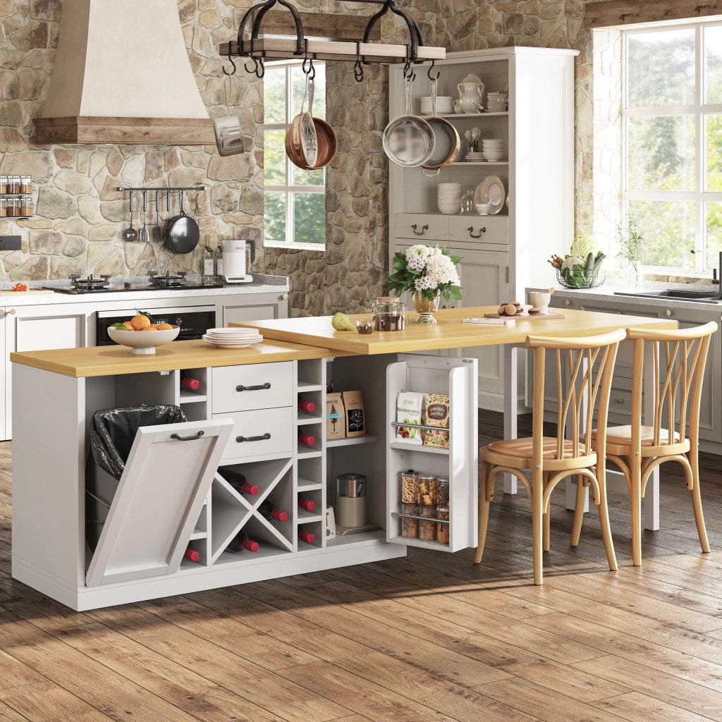 Tavolo da cucina con piano girevole 360° portabottiglie estraibile e portarifiuti bianco 120–223 × 40 × 73.8 cm