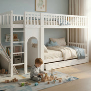 Letto a castello per bambini con scala a quattro gradini e sponde legno bianco e naturale 90 × 200 cm
