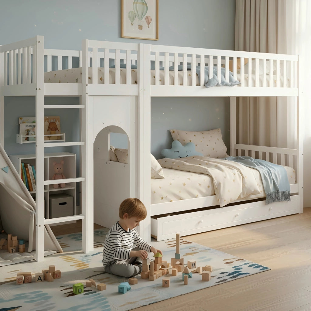 Letto a castello per bambini con scala a quattro gradini e sponde legno bianco e naturale 90 × 200 cm