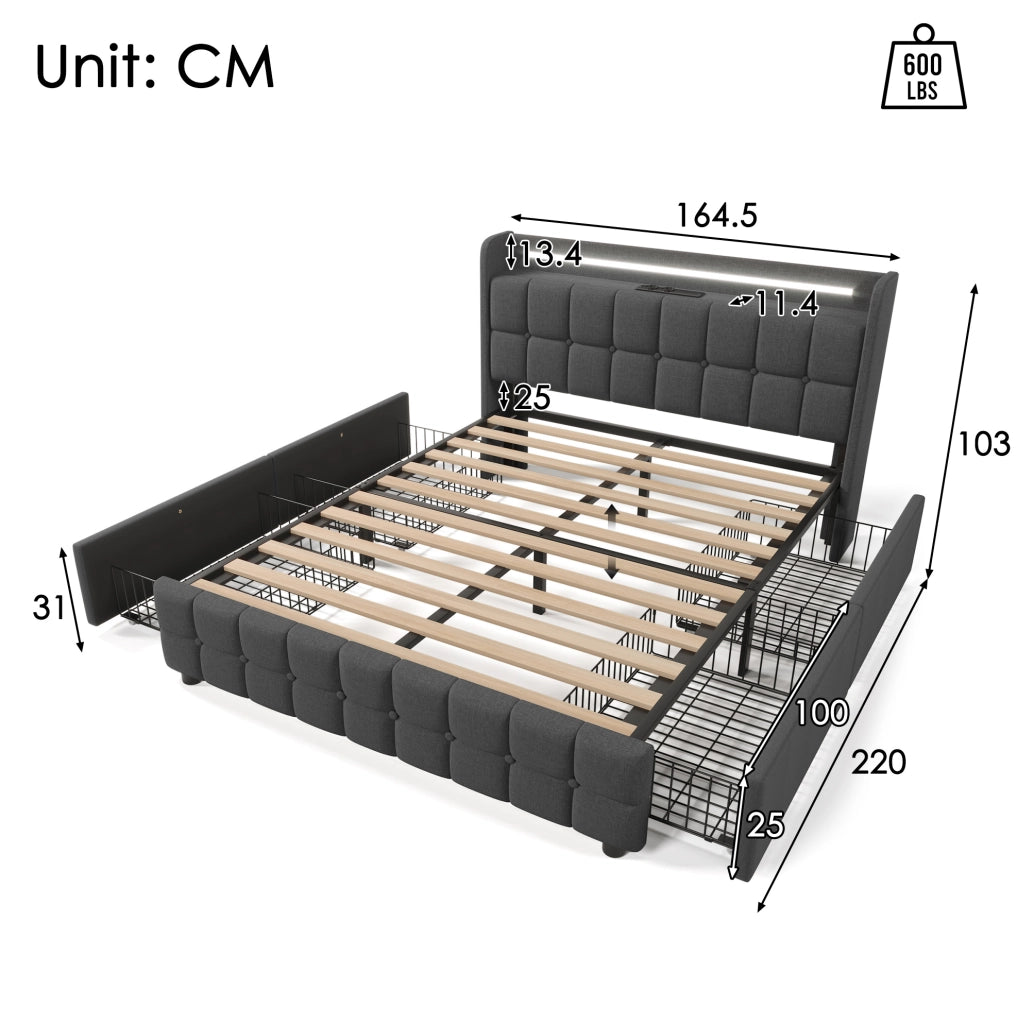 Letto matrimoniale 160x200 cm con 4 cassetti; LED e prese USB; grigio
