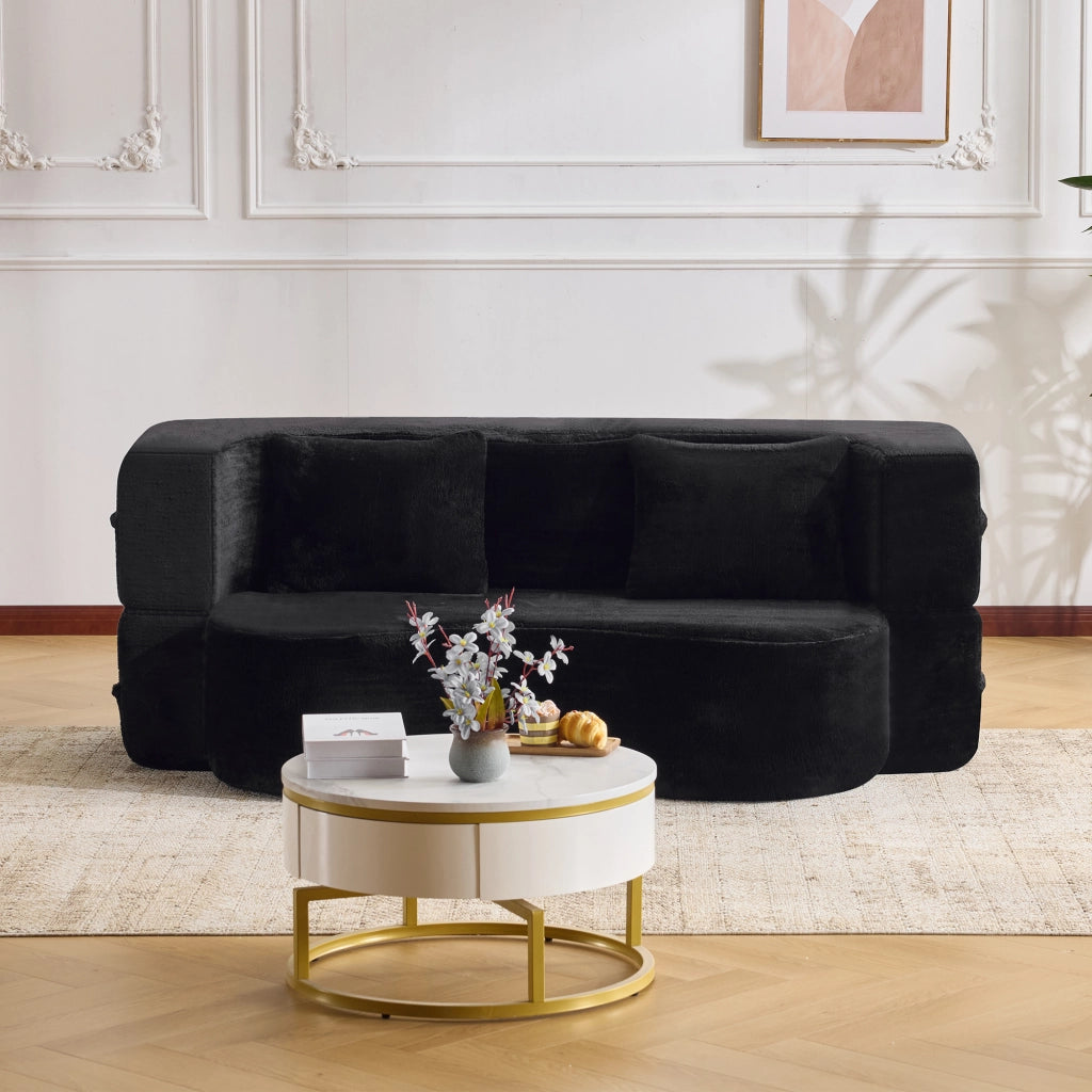 Divano letto pieghevole 2 in 1 con due cuscini, imbottitura ad alta densità, in schiuma e peluche nero