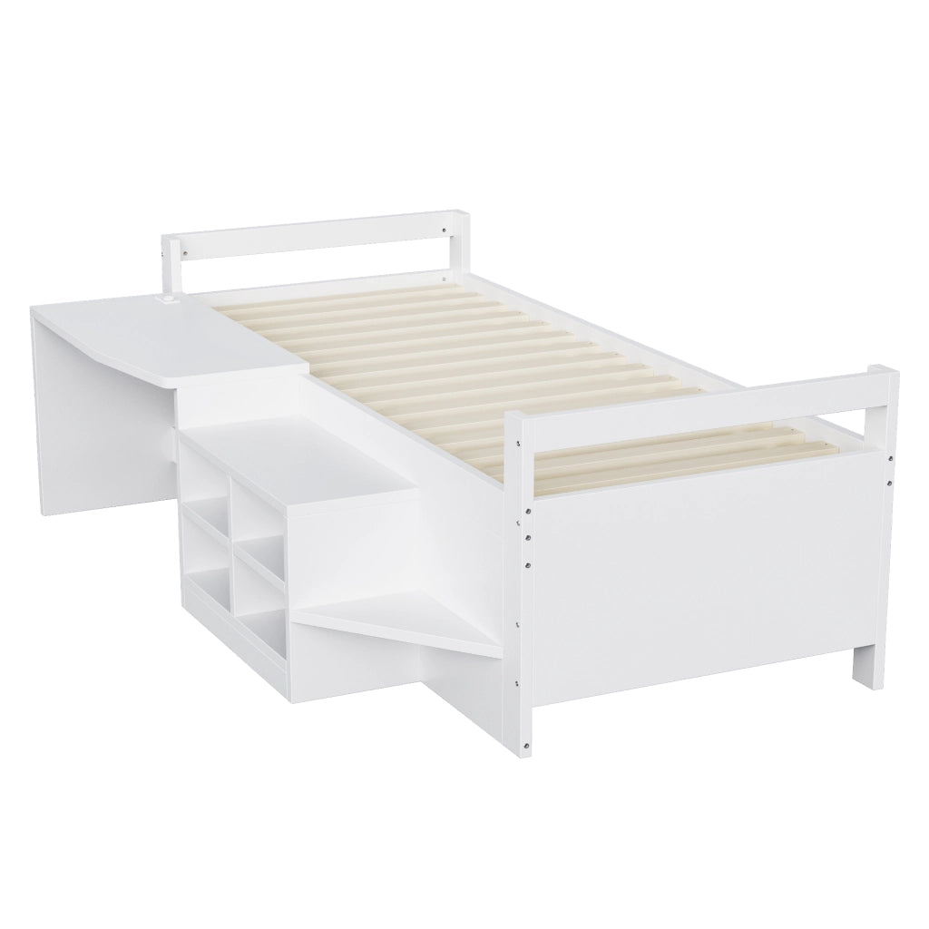 Letto per bambini in legno 90 x 200 cm con scomparti e scrivania con prese standard europeo, letto singolo - Bianco
