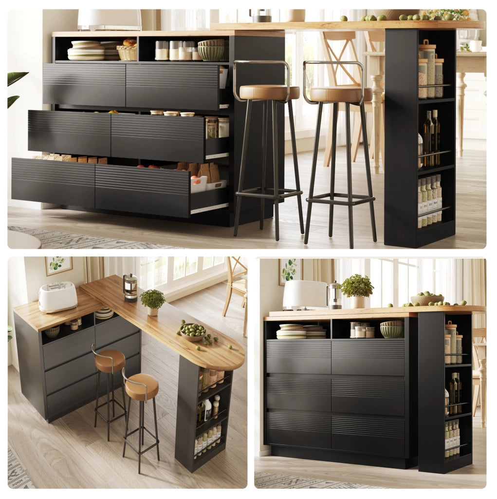 Tavolo bar estraibile con 6 cassetti e ruote, 137-215 cm in MDF nero per cucina e soggiorno