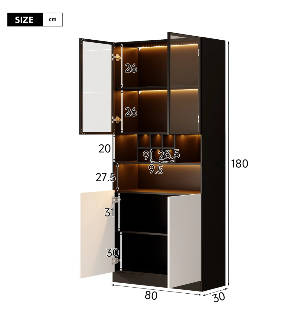 Vetrina alta 80x30x180 cm con LED multicolore; portabottiglie e 2 ante; nera