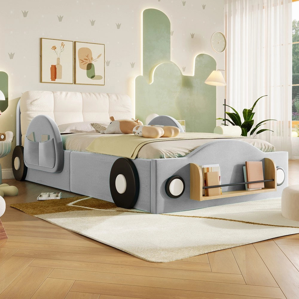 Letto imbottito contenitore 90x200 ¨C Minimal ¨C Velluto grigio idraulico con tasche laterali e vano libri
