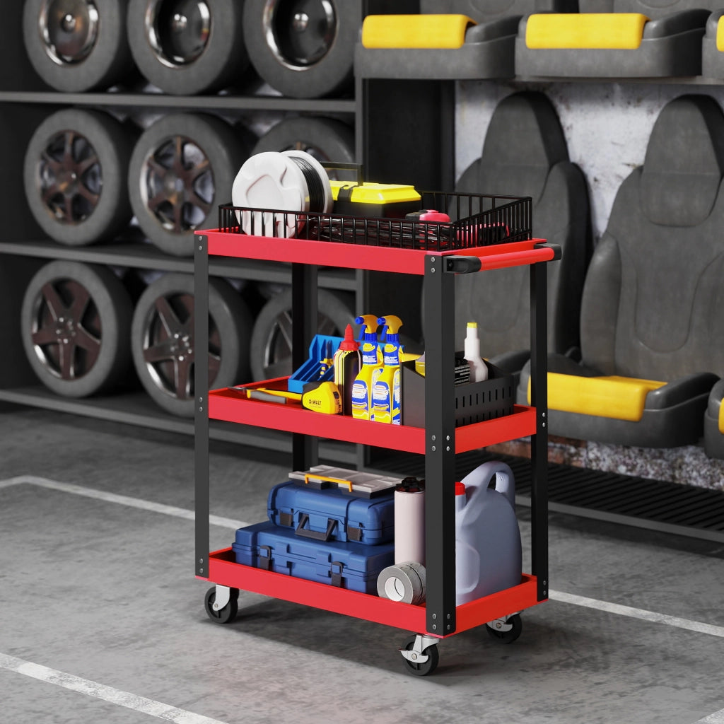 Carrello per Attrezzi con 3 Ripiani e Ruote ¨C zephmum ¨C Rosso e Nero