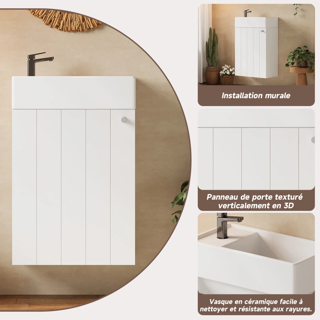 Mobile lavabo sospeso 1 anta con chiusura soft close in ceramica e MDF laccato bianco per bagno