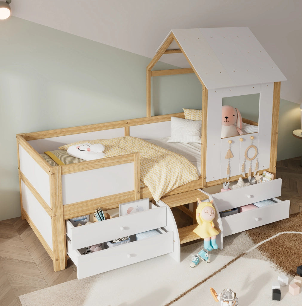 Letto a casetta semi-alto con cassetti