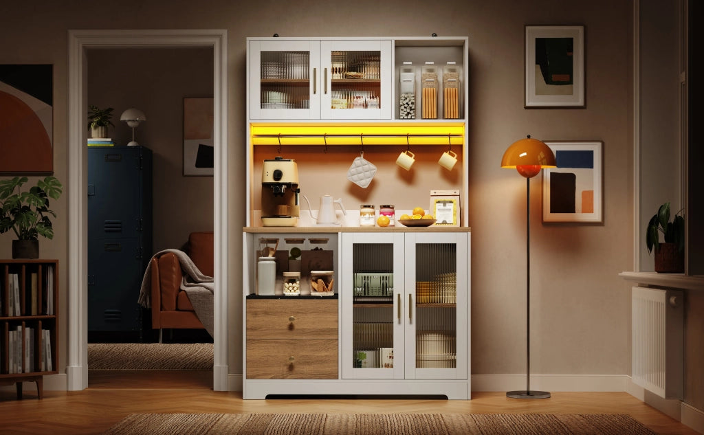 Armadio da cucina 178 cm, colonna con LED e presa, vetrina porte vetro temperato, cantinetta vino, bianco effetto legno piano rinforzato