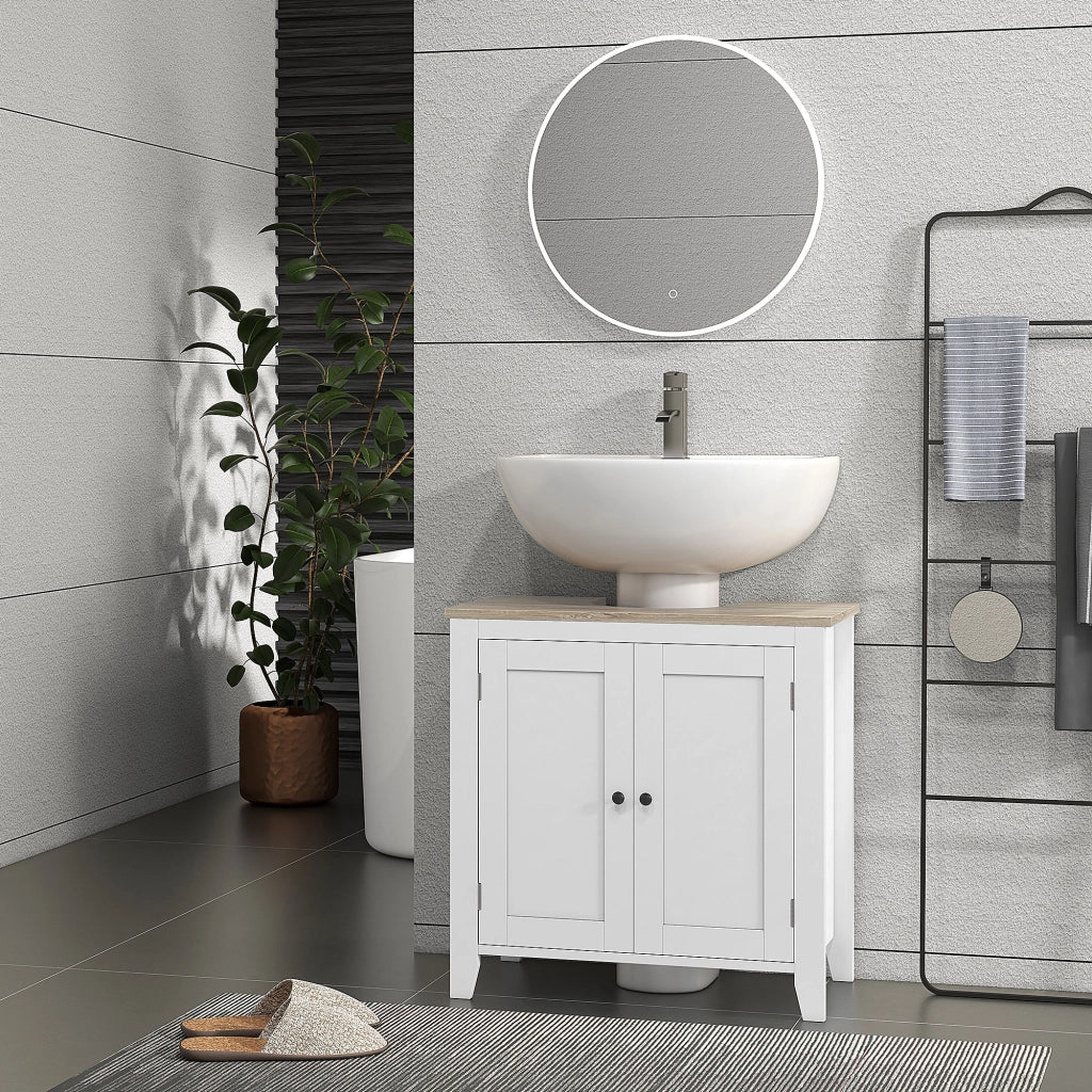 Mobile Sottolavabo Bagno con Intaglio a U Salvaspazio, Mobiletto in MDF con Ripiano Regolabile, 60x30x60 cm, Bianco e Legno