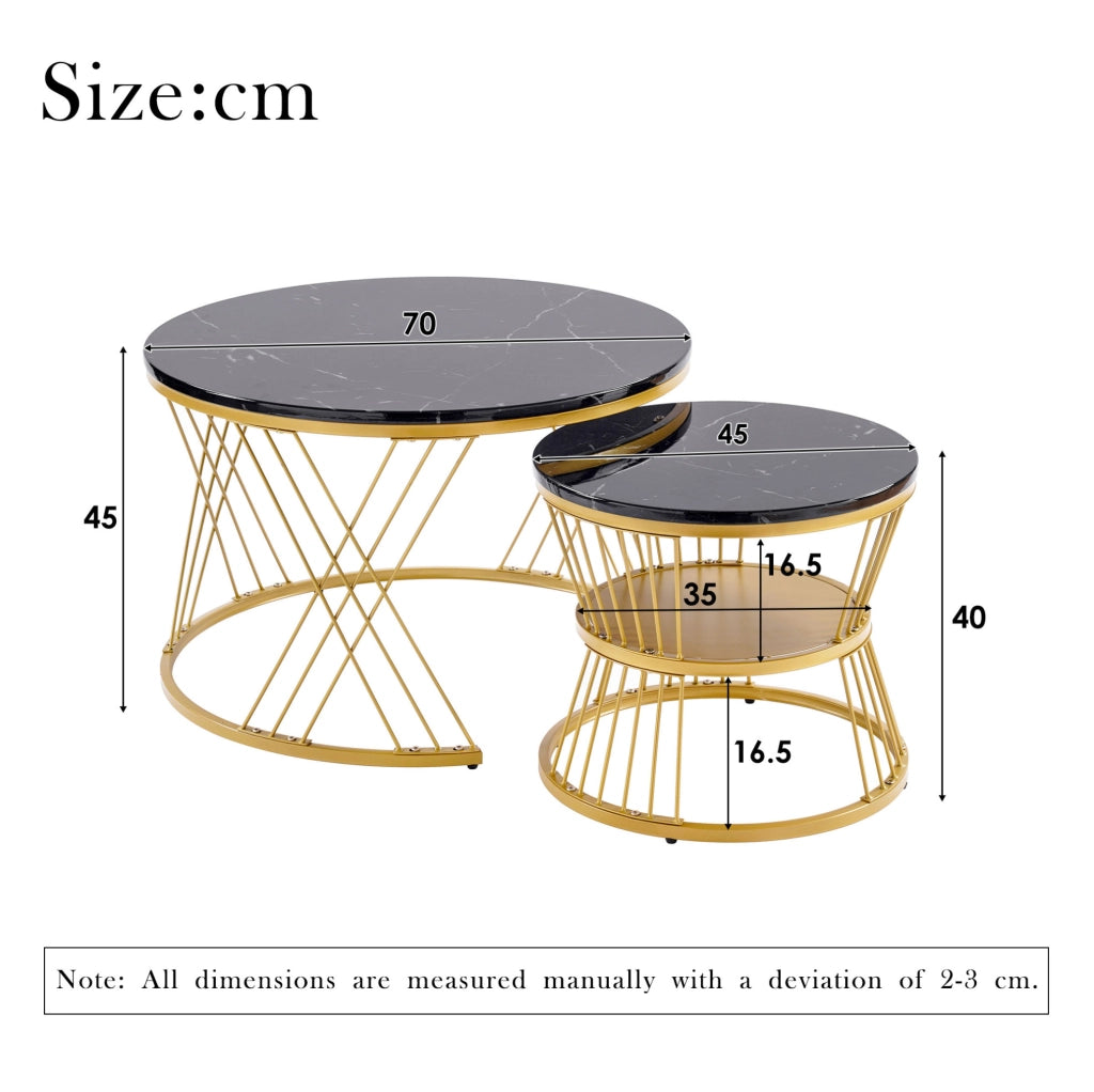Set di 2 tavolini nesting rotondi in MDF effetto marmo nero; struttura oro