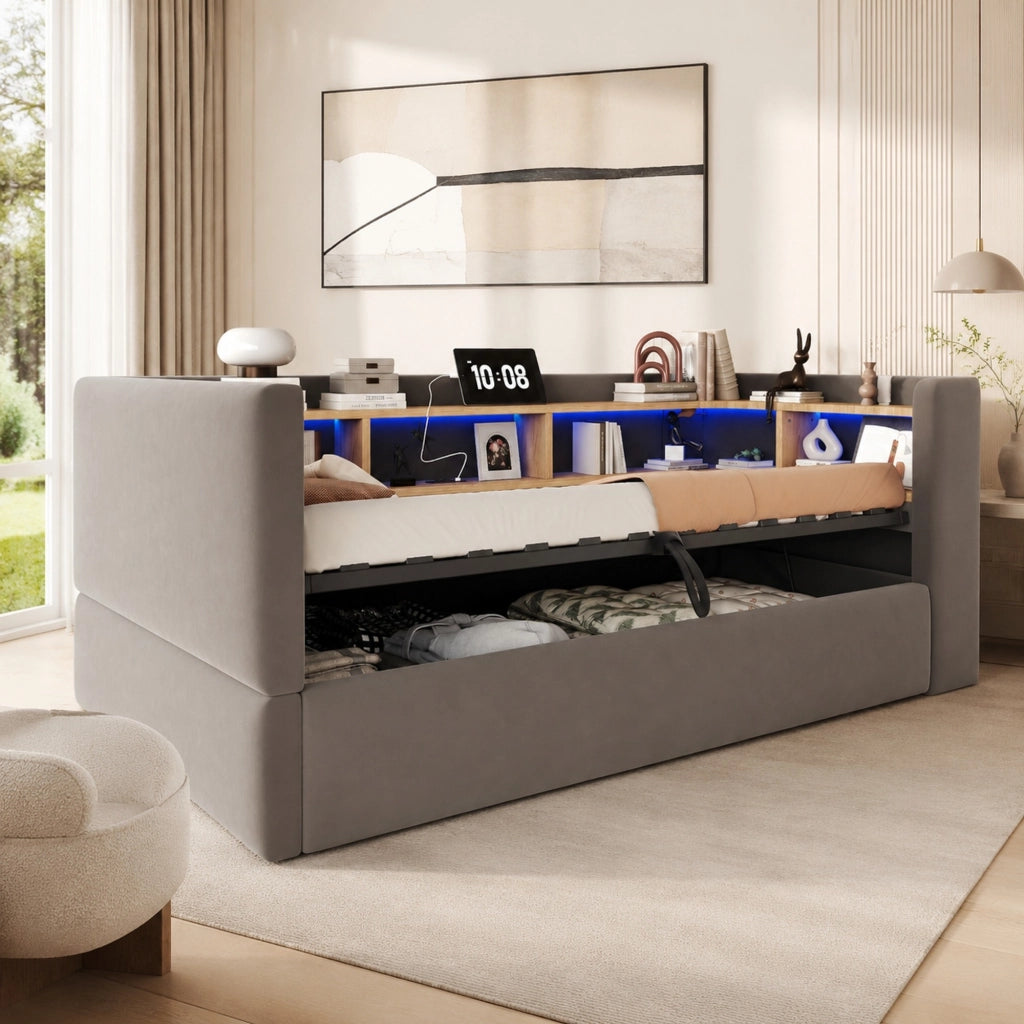 Divano letto imbottito 90x190 cm con LED, prese e vano contenitore