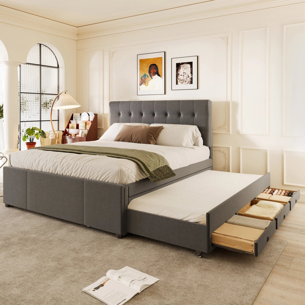LETTO Estraibile 140x200 cm Lino Grigio con 3 cassetti