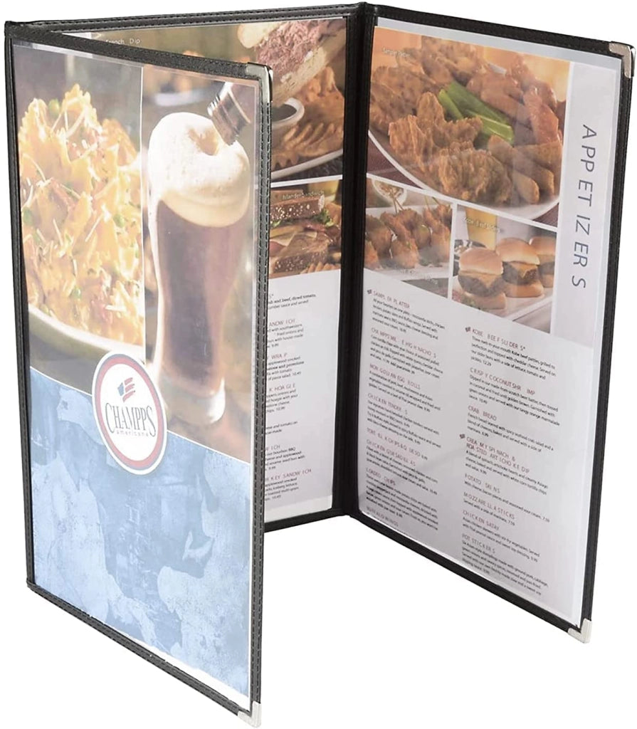 Porta menu A4, confezione da 10, con 3 pannelli, in PVC trasparente