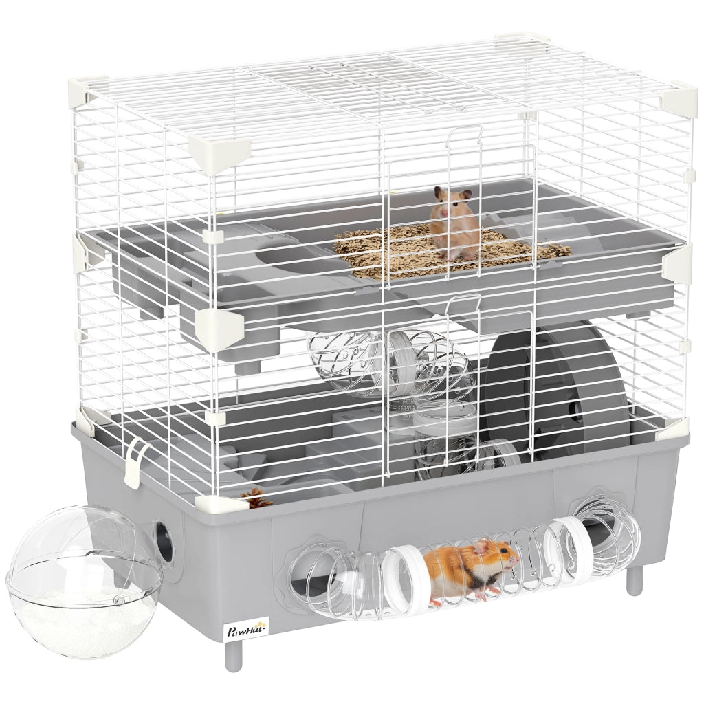 Gabbia per Criceti a 2 Livelli con Ruota ¨C Minimal ¨C Grigio e Bianco 44.5x28x44 cm