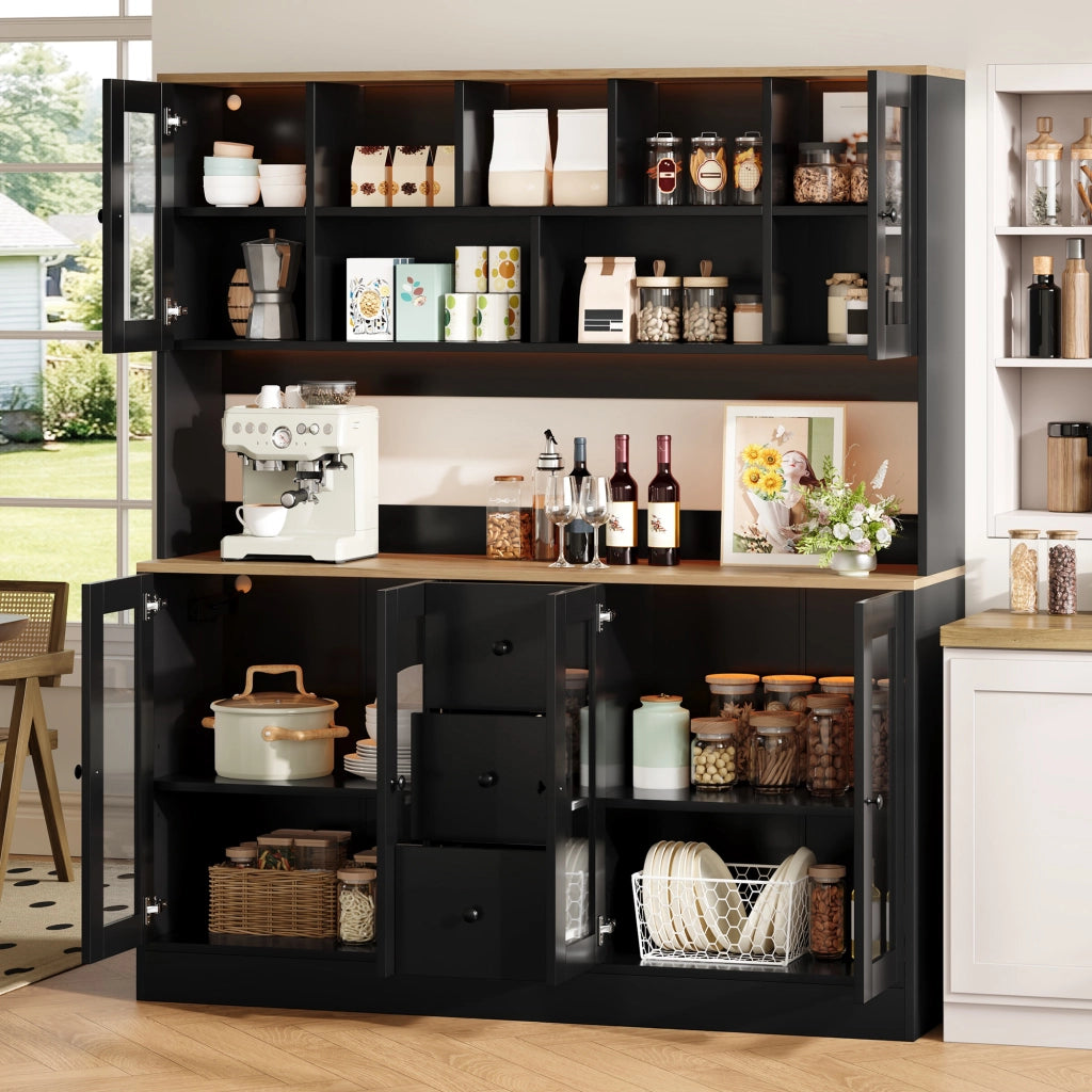 Credenza 6 ante con 3 cassetti e ripiani regolabili con LED RGB prese USB per cucina soggiorno in MDF nero naturale