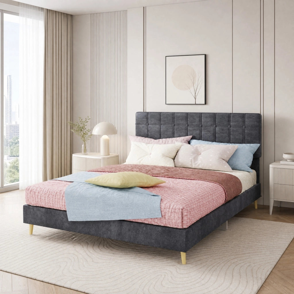 Letto matrimoniale 140 ¡Á 200 cm in velluto grigio con testiera imbottita trapuntata e struttura in legno