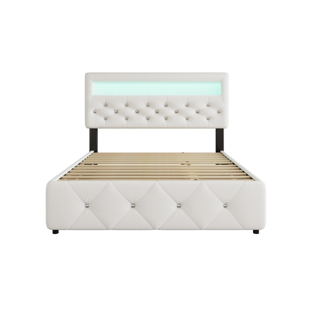 Letto matrimoniale imbottito 140x200 cm con letto estraibile, 2 cassetti e comodino con striscia luminosa, bianco
