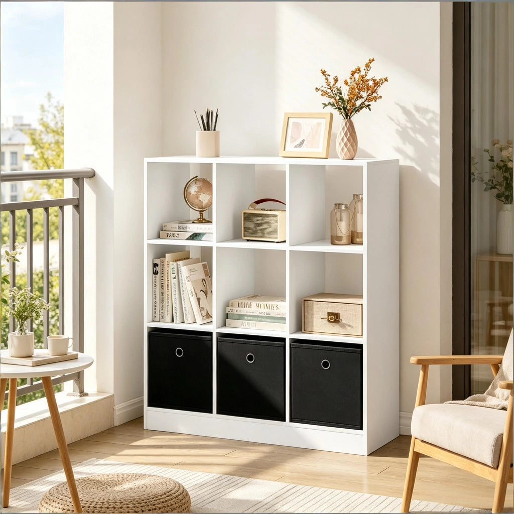 Libreria a cubi con 3 cassetti in tessuto legno ingegnerizzato bianco e nero 80 × 86.5 × 30 cm