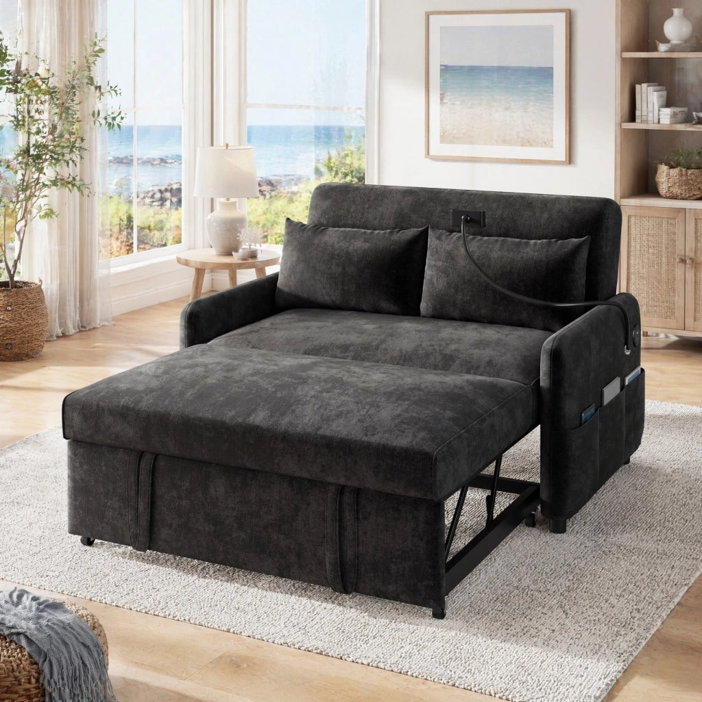Divano letto estraibile 2 posti 129x76/163 cm con USB in ciniglia grigia