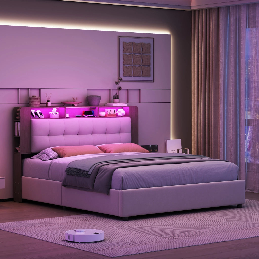 Letto contenitore 140x200 cm bianco, testiera con mensole e luci LED RGB, imbottito, sollevamento idraulico, camera da letto moderna