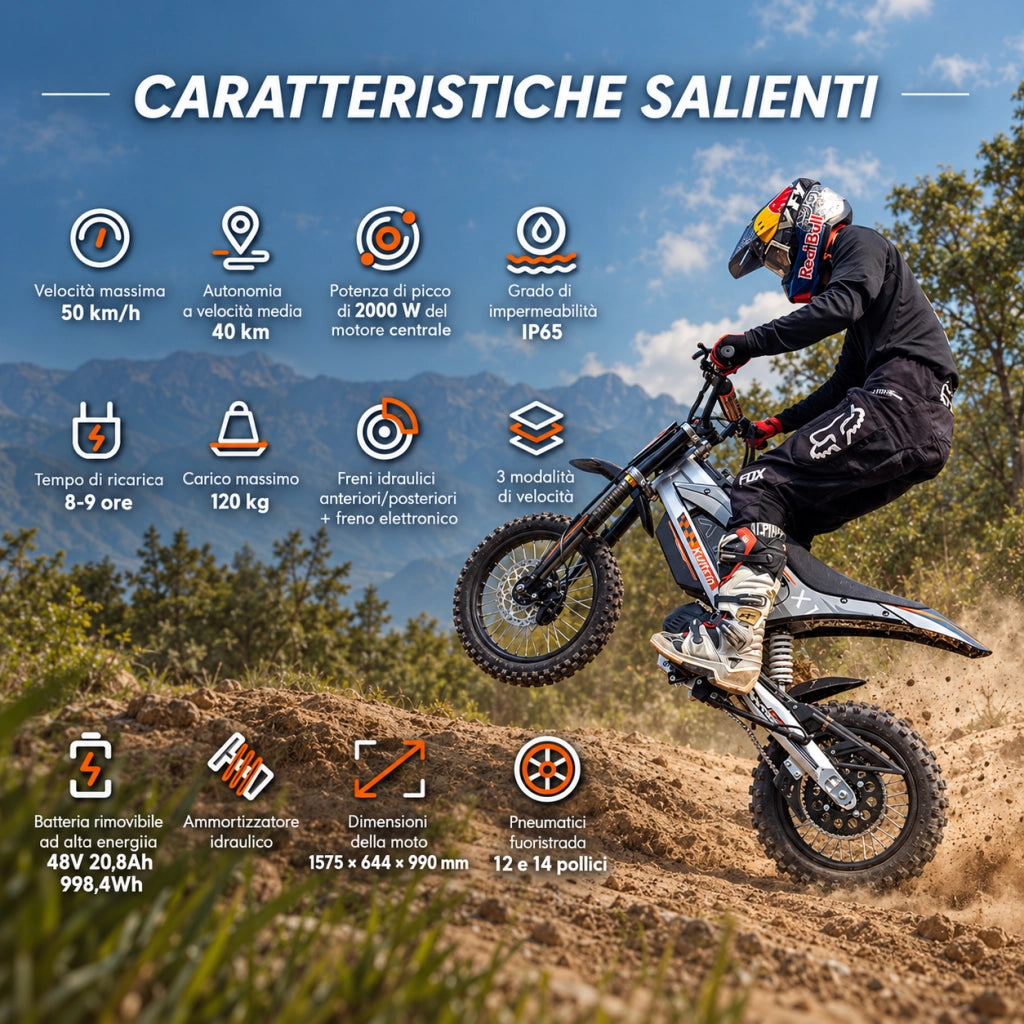 Moto elettrica fuoristrada X1 batteria 48V 20.8Ah estraibile autonomia 40 km pneumatici 14 e 12 pollici 25 km/h freni idraulici IP65 display LED sella