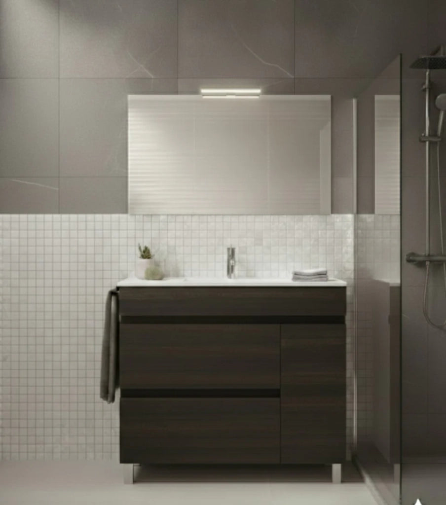 Mobile Bagno FENRIR Già Montato 2 cassetti e porta con piedini, lavabo e specchio Frassino tea 120x45 cm 1 lavabo