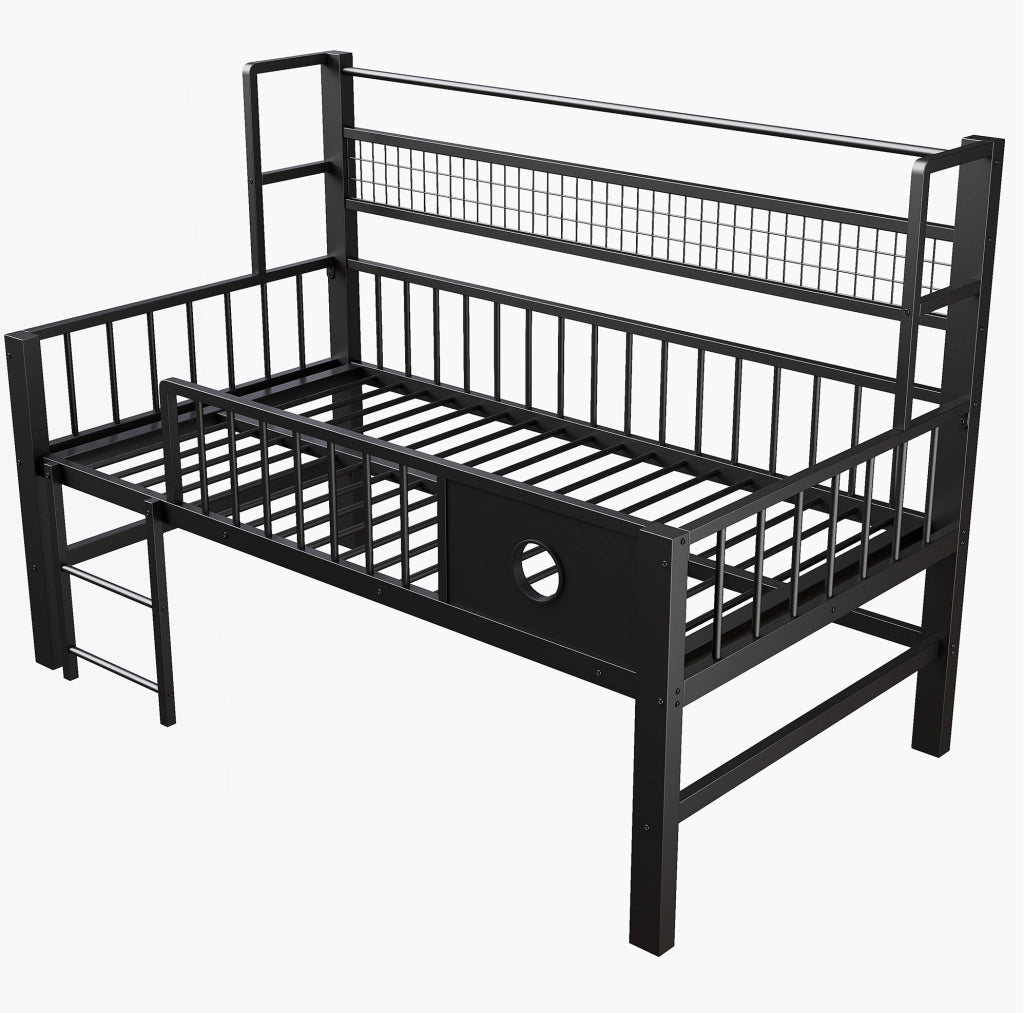 Letto per bambini 90x200 cm con struttura in metallo, soppalco basso con ripiani e appendiabiti, colore nero
