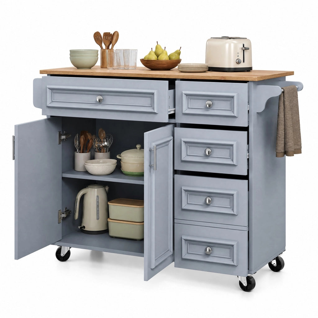 Isola da cucina multifunzionale con piano pieghevole, 110 x 75 x 92 cm, Baby Blue, MDF e metallo