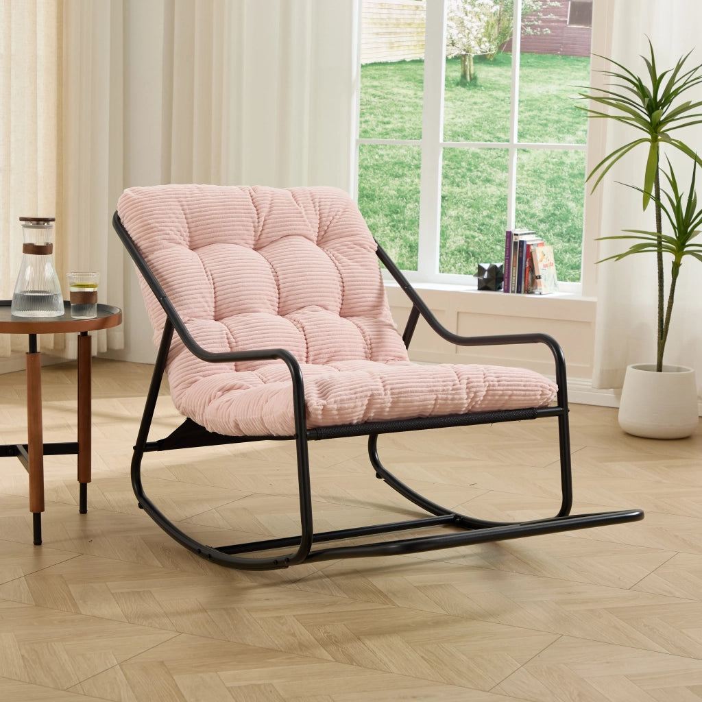 Sedia a dondolo da esterno, struttura nera con cuscino rosa spesso e morbido. Per soggiorno, camera da letto e sala lettura