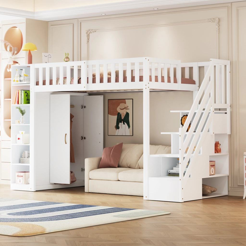 Letto a Soppalco 90x200 cm con Armadio, Mensole e Scala con Ripiani, Bianco