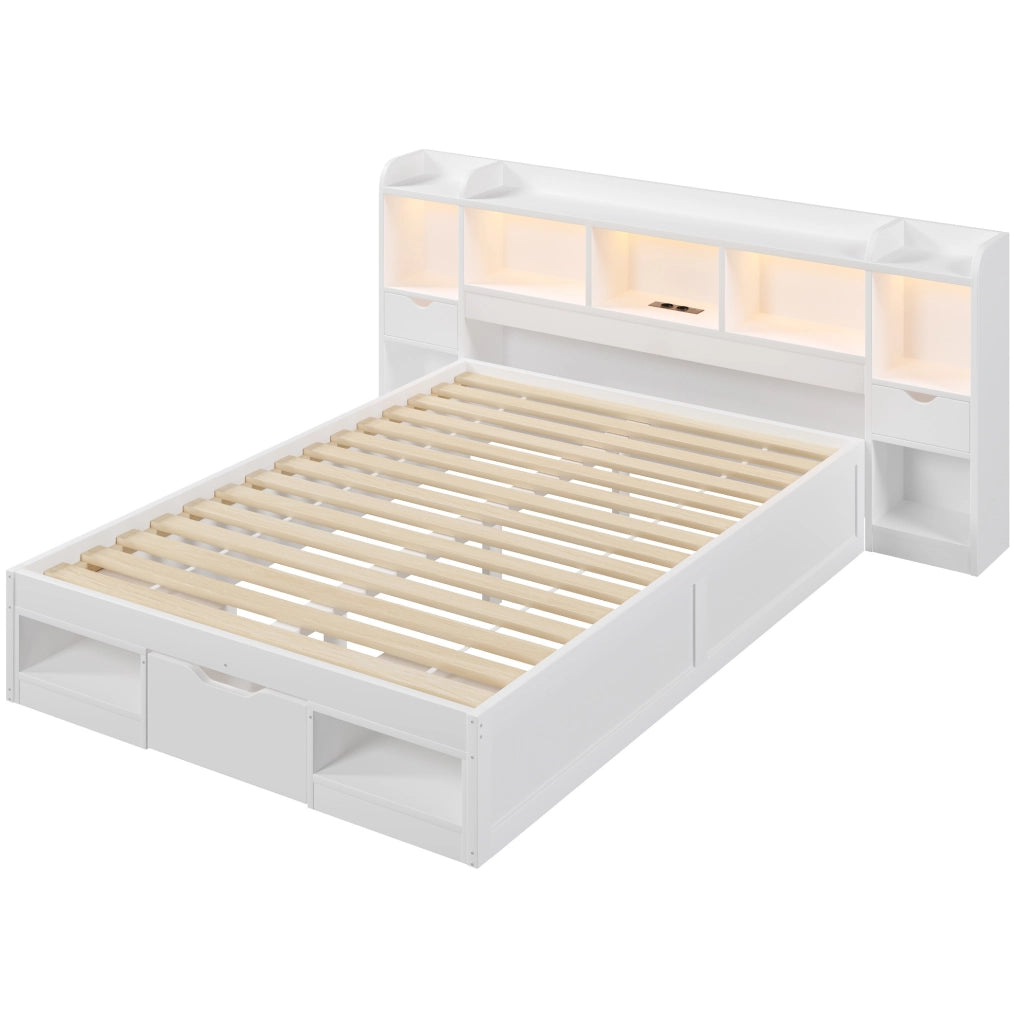 LETTO a Piattaforma 140x200 cm con Vani e Cassetti MDF Bianco