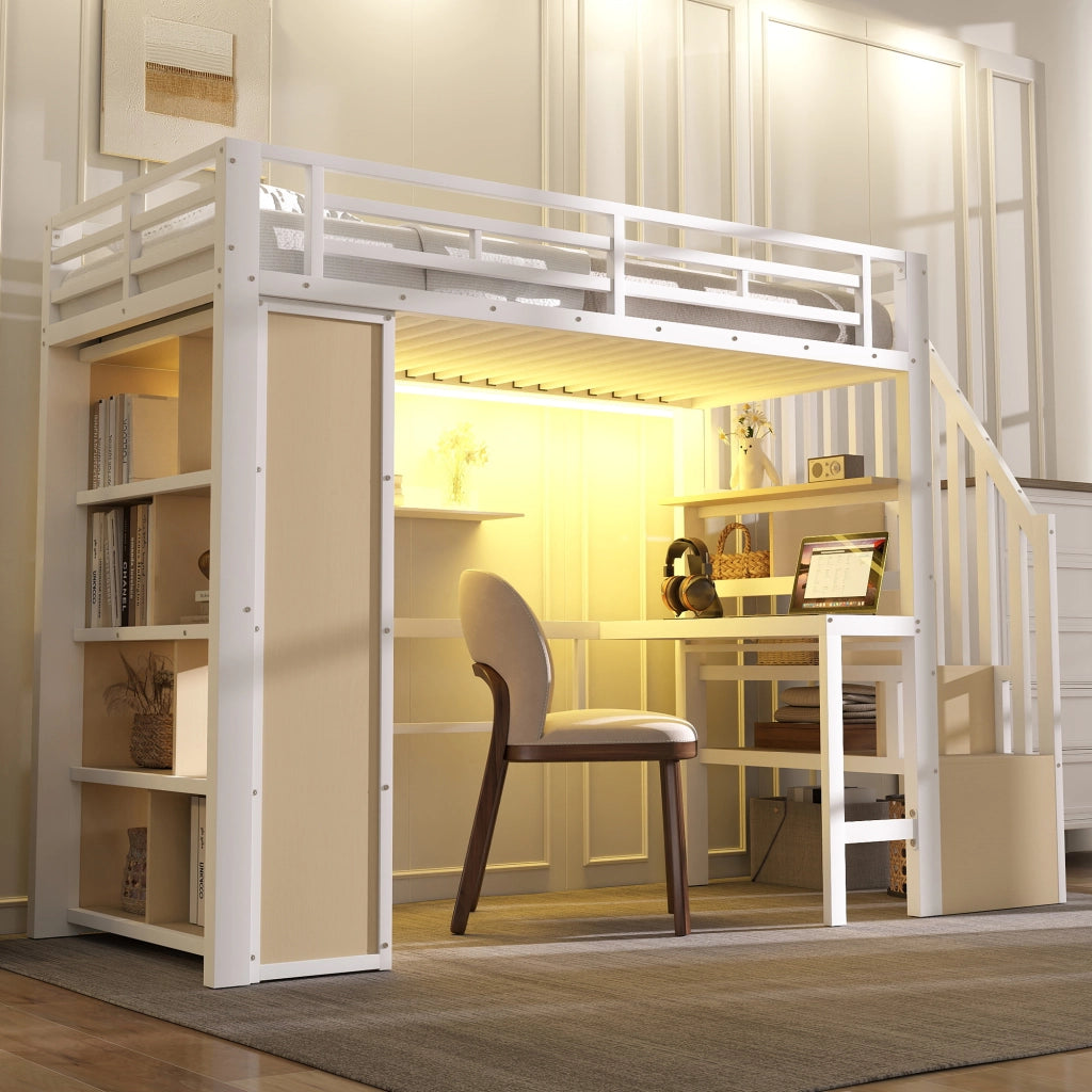 Letto a Soppalco 90x200 cm in Metallo con Scrivania; Scala Contenitore; LED; Scaffali; Bianco