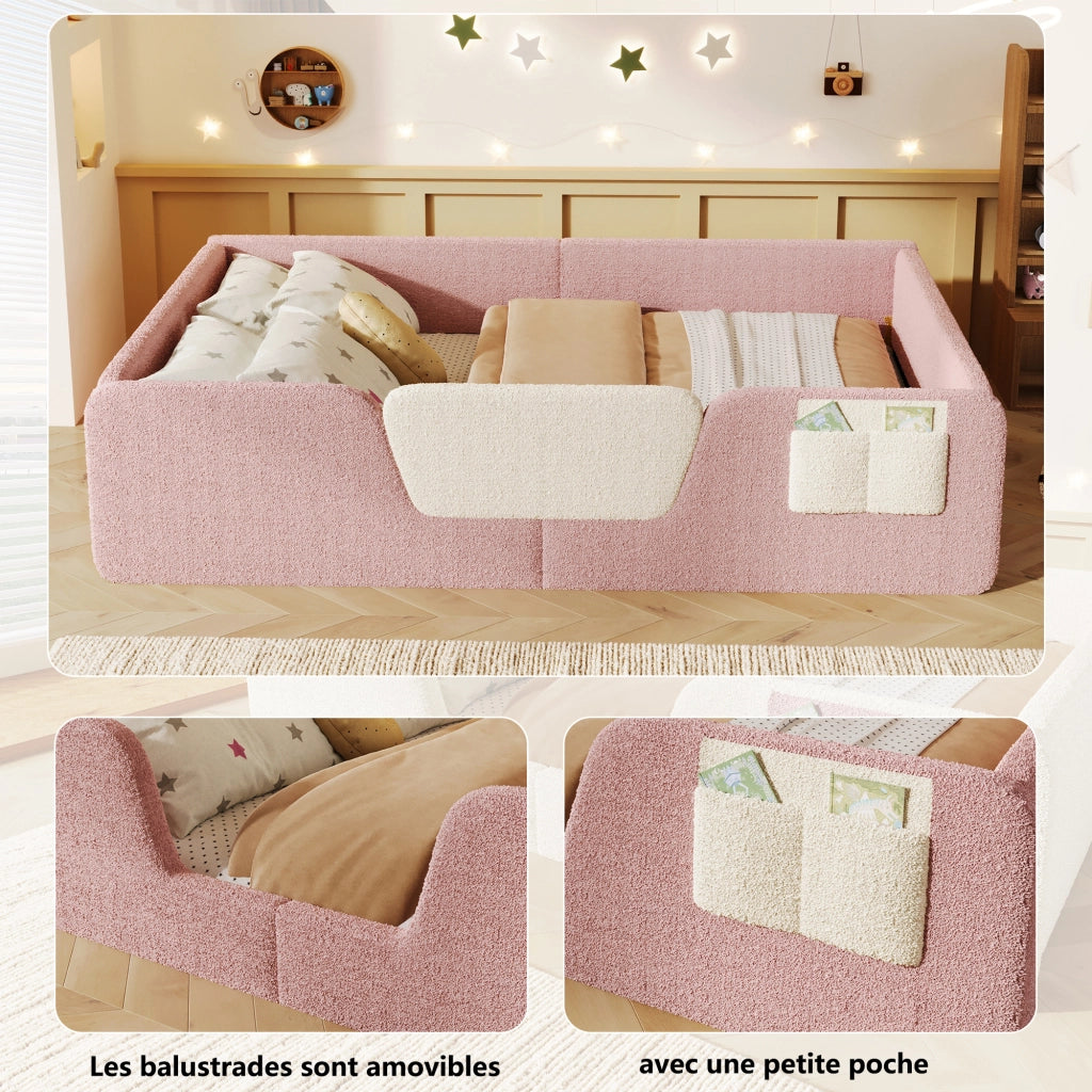 Letto per bambini imbottito 140 ¡Á 190 cm in velluto rosa con sponde removibili e tasca portaoggetti