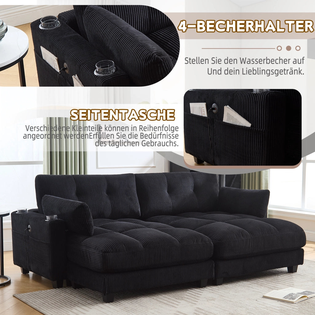 Sedili modulari 2 224x140x81 cm; separabili in poltrone 2; con portabicchieri 4; tasche laterali e USB; velluto a coste; nero