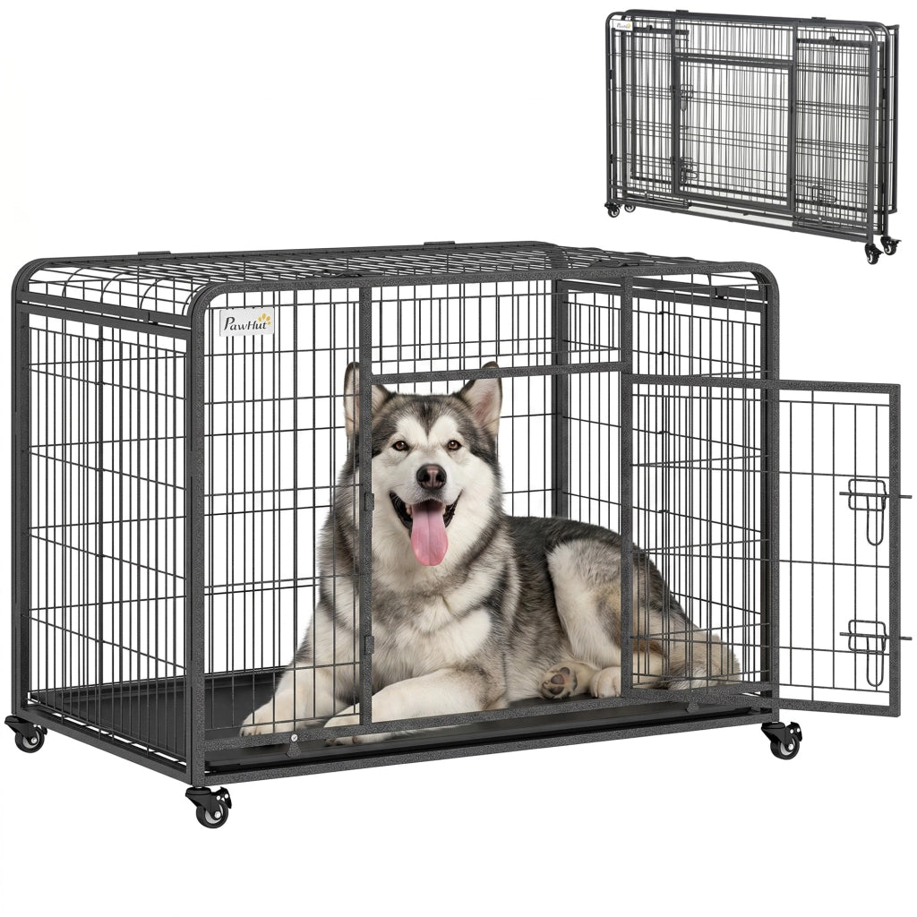 Kennel Gabbia per Cani Pieghevole a Doppia Porta con Blocco, Box per Cani con 4 Ruote con Freno e Fondo Rimovibile, 125x76x81cm, Grigio Scuro