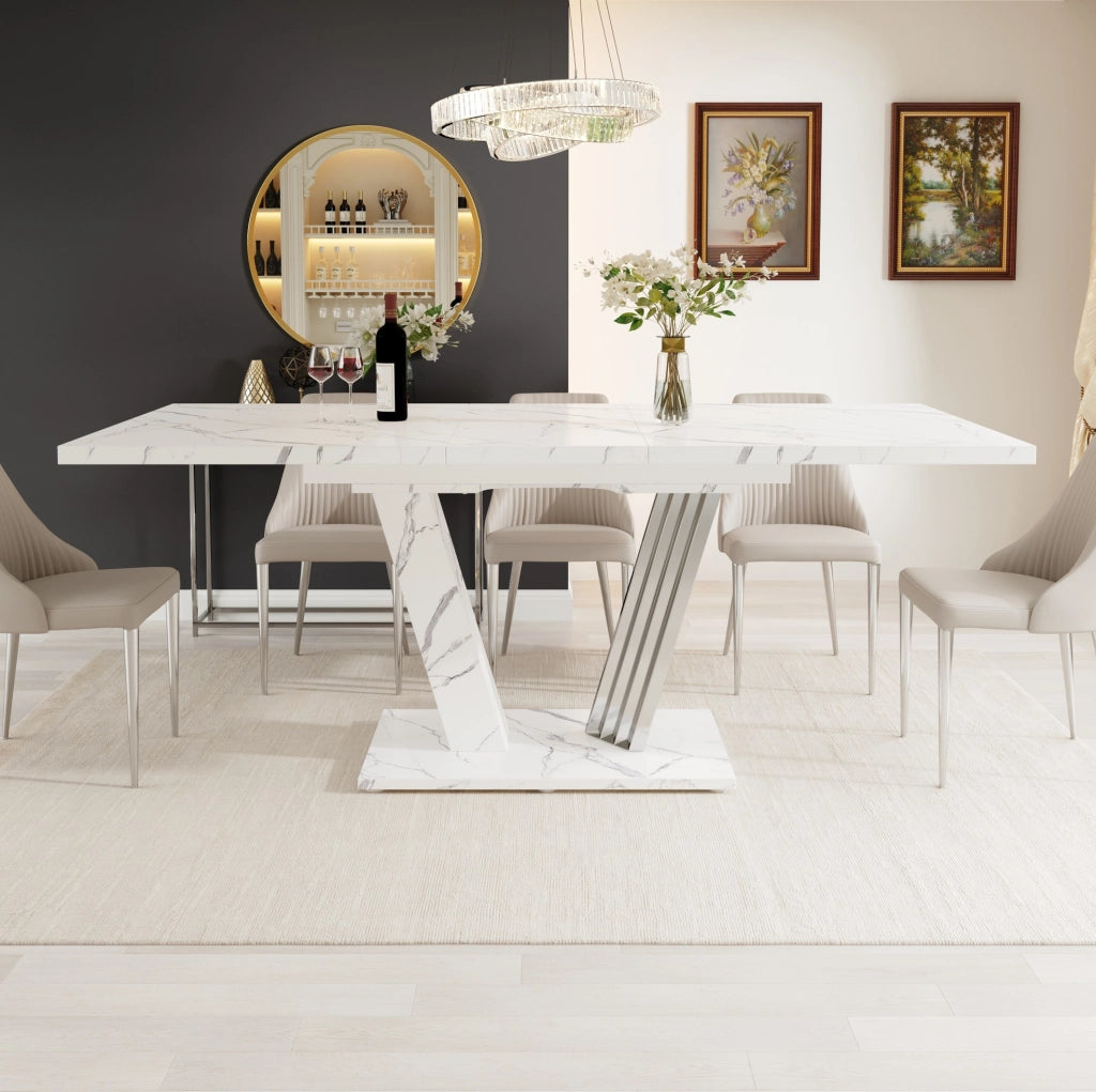 Tavolo da pranzo allungabile 120(160)x80x76 cm con piano effetto marmo; MDF e metallo bianco