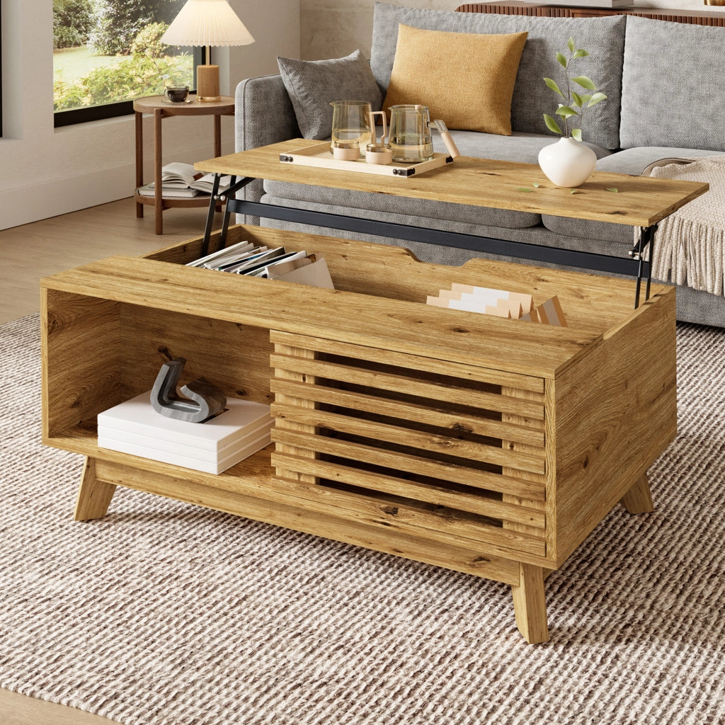 Tavolino basso alzabile con piano estensibile e anta scorrevole a lamelle in MDF naturale 90 × 55 × 57.5 cm