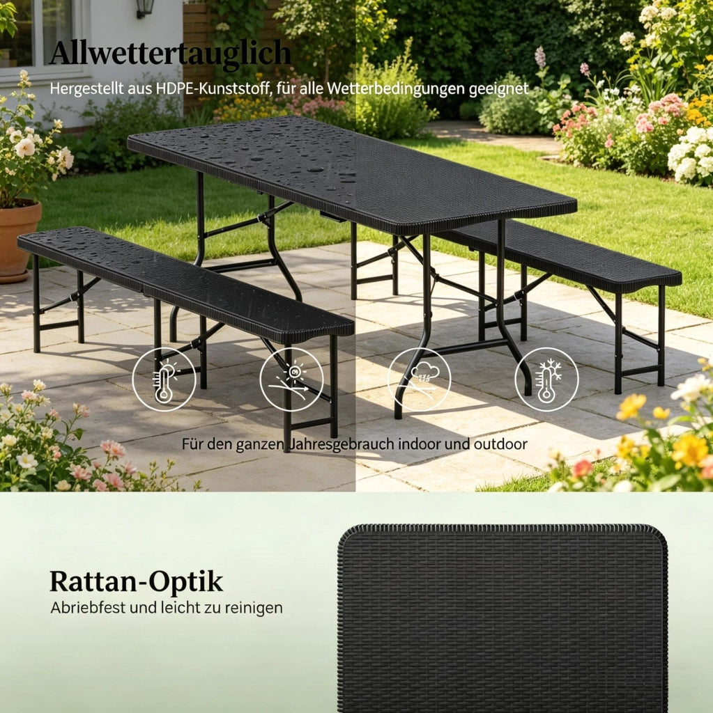 Set Mobili da Giardino Pieghevole per 8-10 Persone con Tavolo 180x74x70 cm e 2 Panche, Nero, Ideale per Esterno e Campeggio