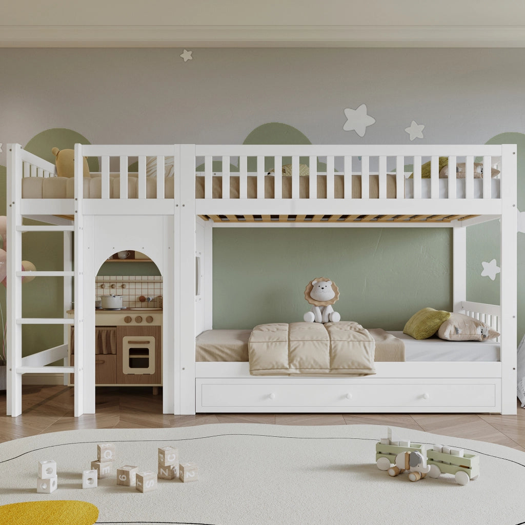 Letto a castello per bambini con scala a quattro gradini e sponde legno bianco e naturale 90 × 200 cm