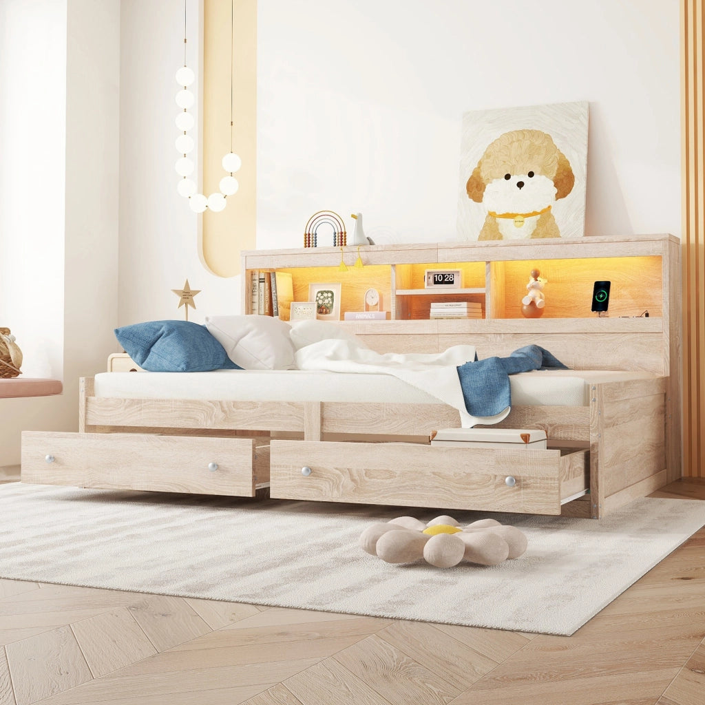 Letto singolo 90×200 cm con LED; USB; 2 cassetti e vani; rete inclusa; senza materasso; naturale