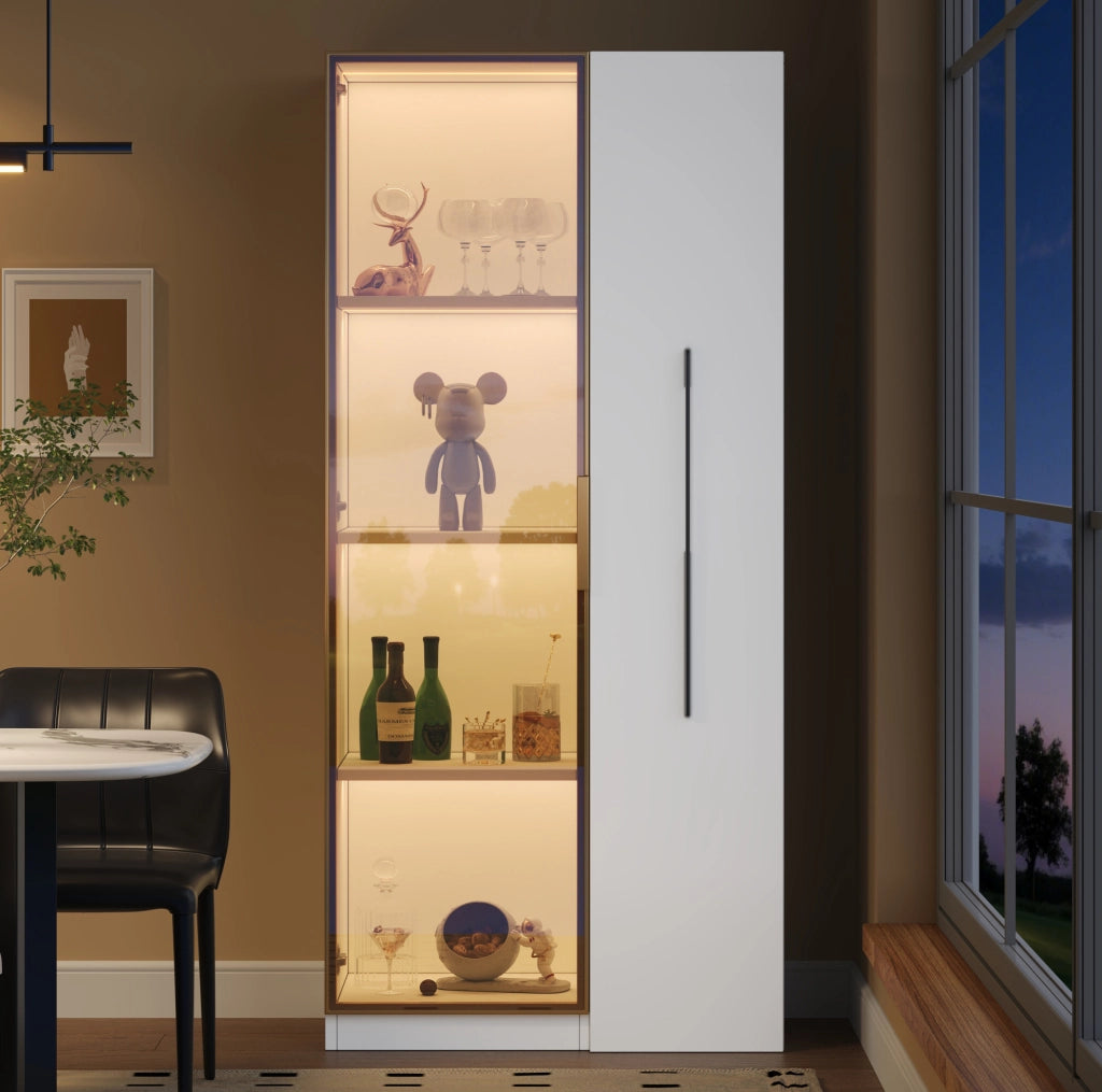 Vetrina 70x40x160 cm in MDF bianco con ante in vetro colorato; LED e modulo estraibile