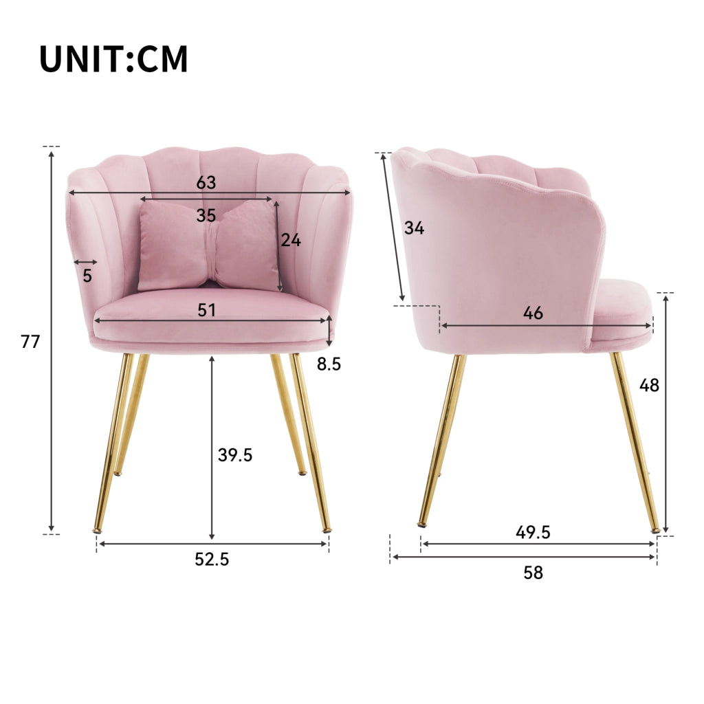 Set di 2 sedie moderne in velluto con design a foglia, gambe in metallo dorato e cuscini decorativi per soggiorno e camera da letto
