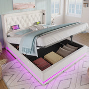 Letto matrimoniale ULEVR 180x200 cm con contenitore idraulico, LED a 3 lati, USB e Type-C, PU bianco