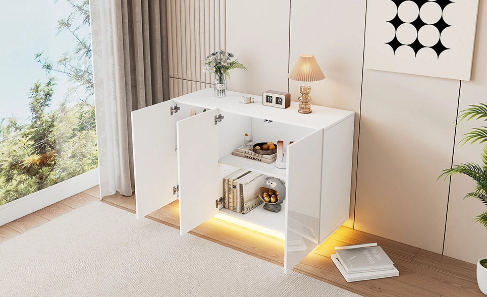 Sideboard bianco lucido con luci LED a basamento 120x40x75 cm design minimalista