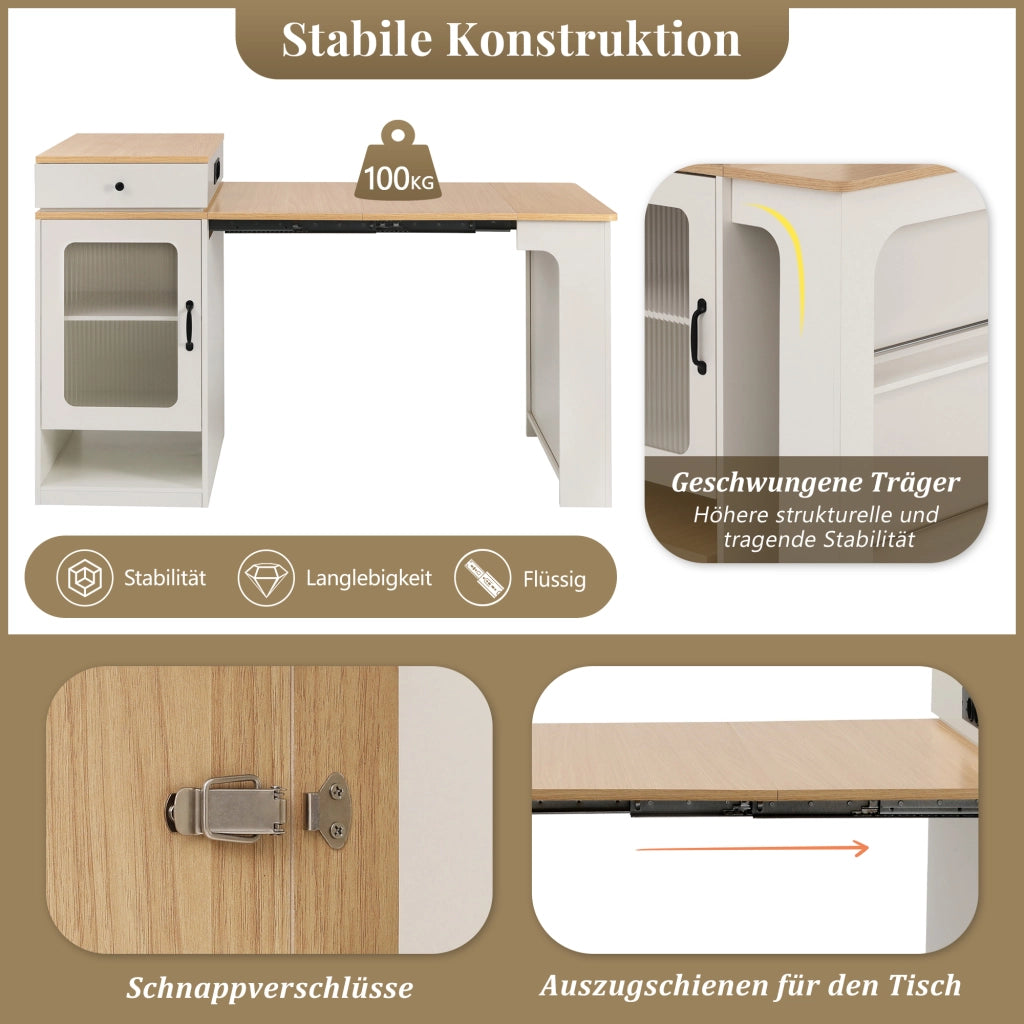 Tavolo allungabile con mobile contenitore e prese integrate MDF bianco e naturale 80 × 71~111~151 × 92 cm