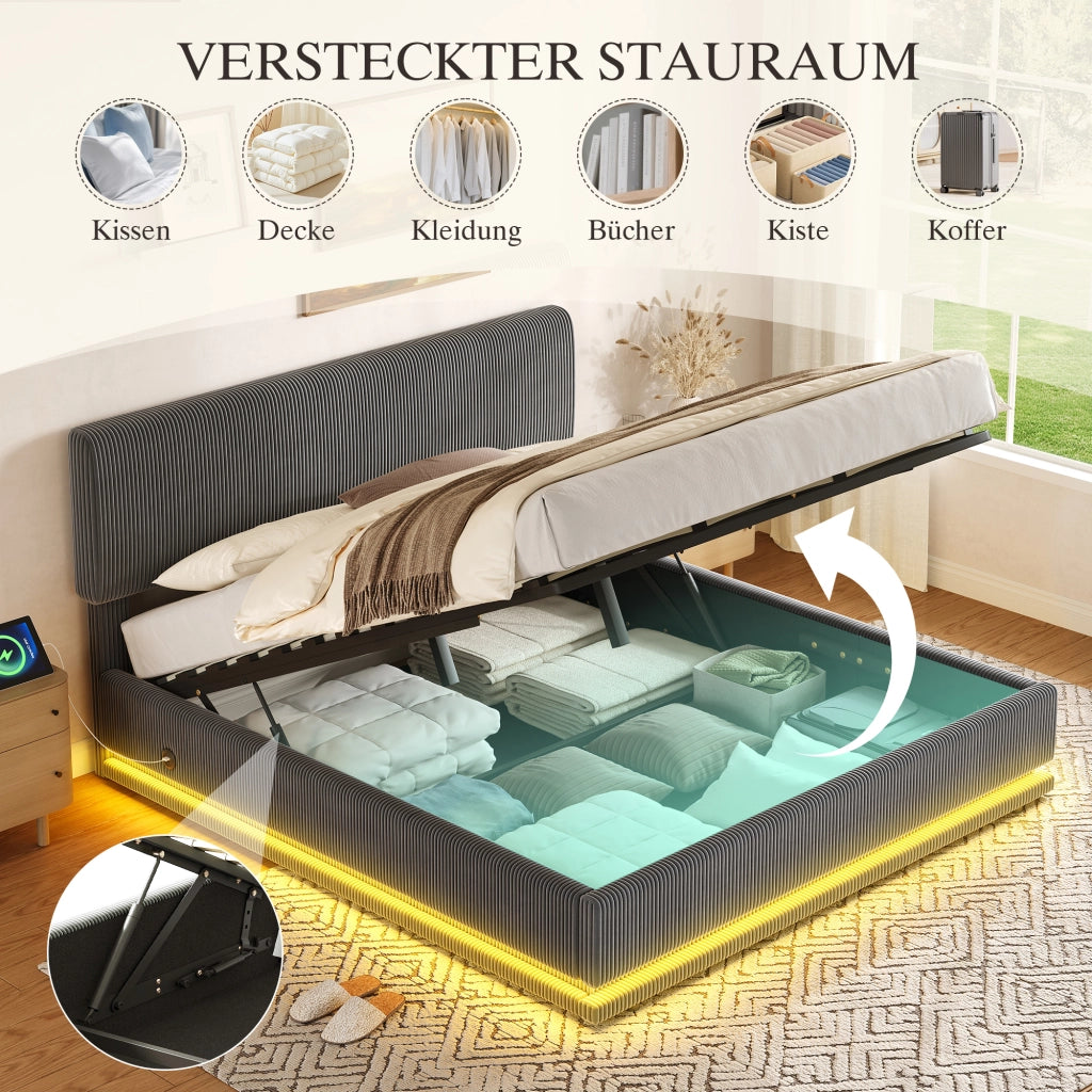 Letto contenitore 160 × 200 cm con testiera regolabile LED USB-C in tessuto a coste grigio scuro