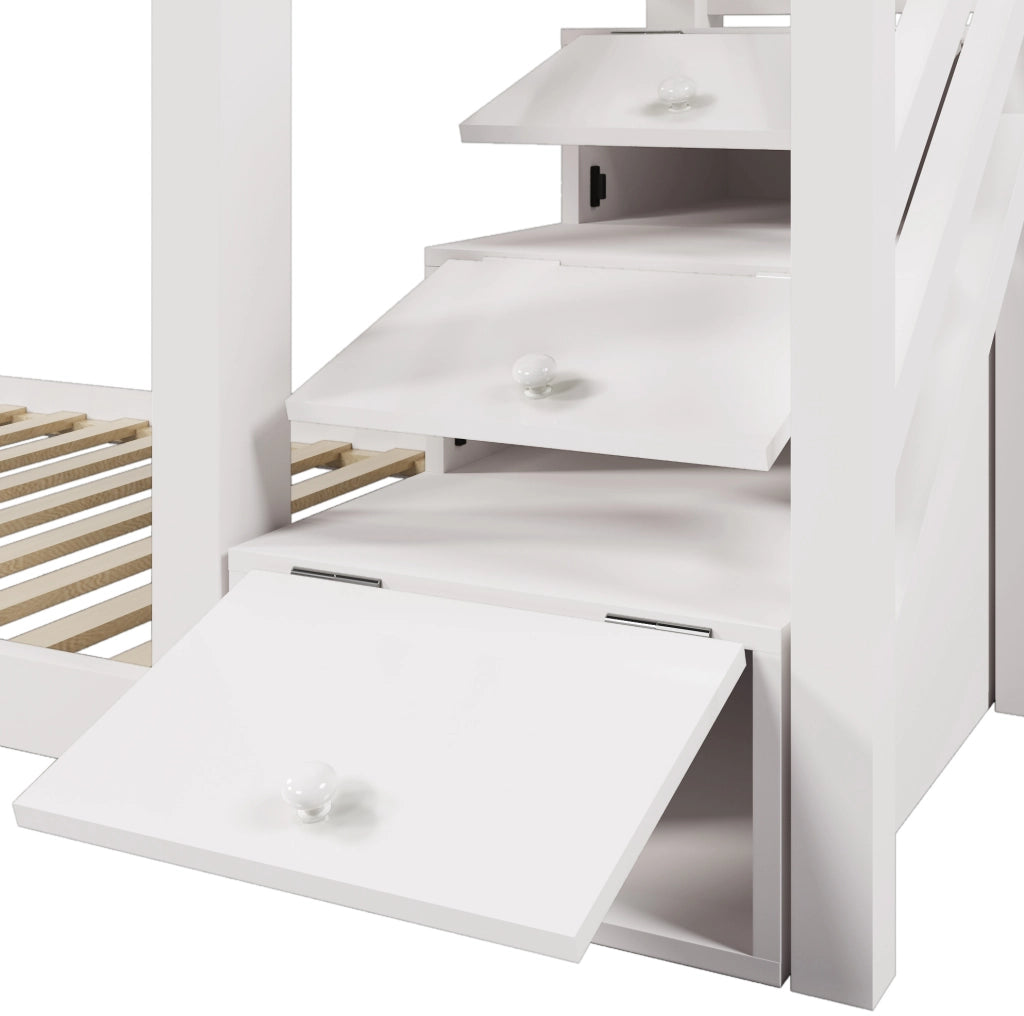 Letto a castello a casetta con scala contenitiva e cassetti, bianco, 90x200 cm